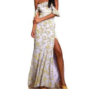 Lulus Adelaide Maxi Dress Off The Shoulder Floral High Slit Size M Purple Yellow